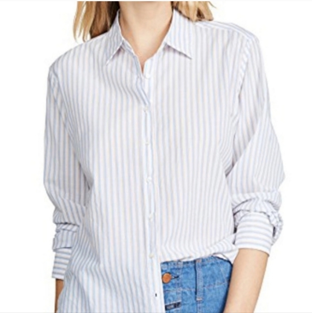 XiRENA Beau Shirt in Blue Pencil Stripe Cotton Boyfriend Button Down Top Size M